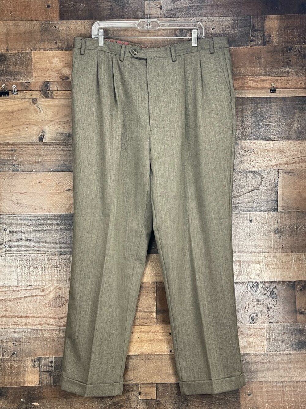 Ralph Lauren Dress Pants Mens 40x32 Olive Green Herringbone Wool Pleated Front